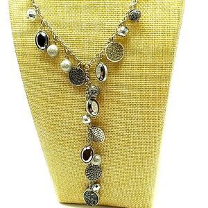 NY & Co Silver Tone Faux Druzy Rhinestones Beads Dangles Lariat Y Drop Necklace